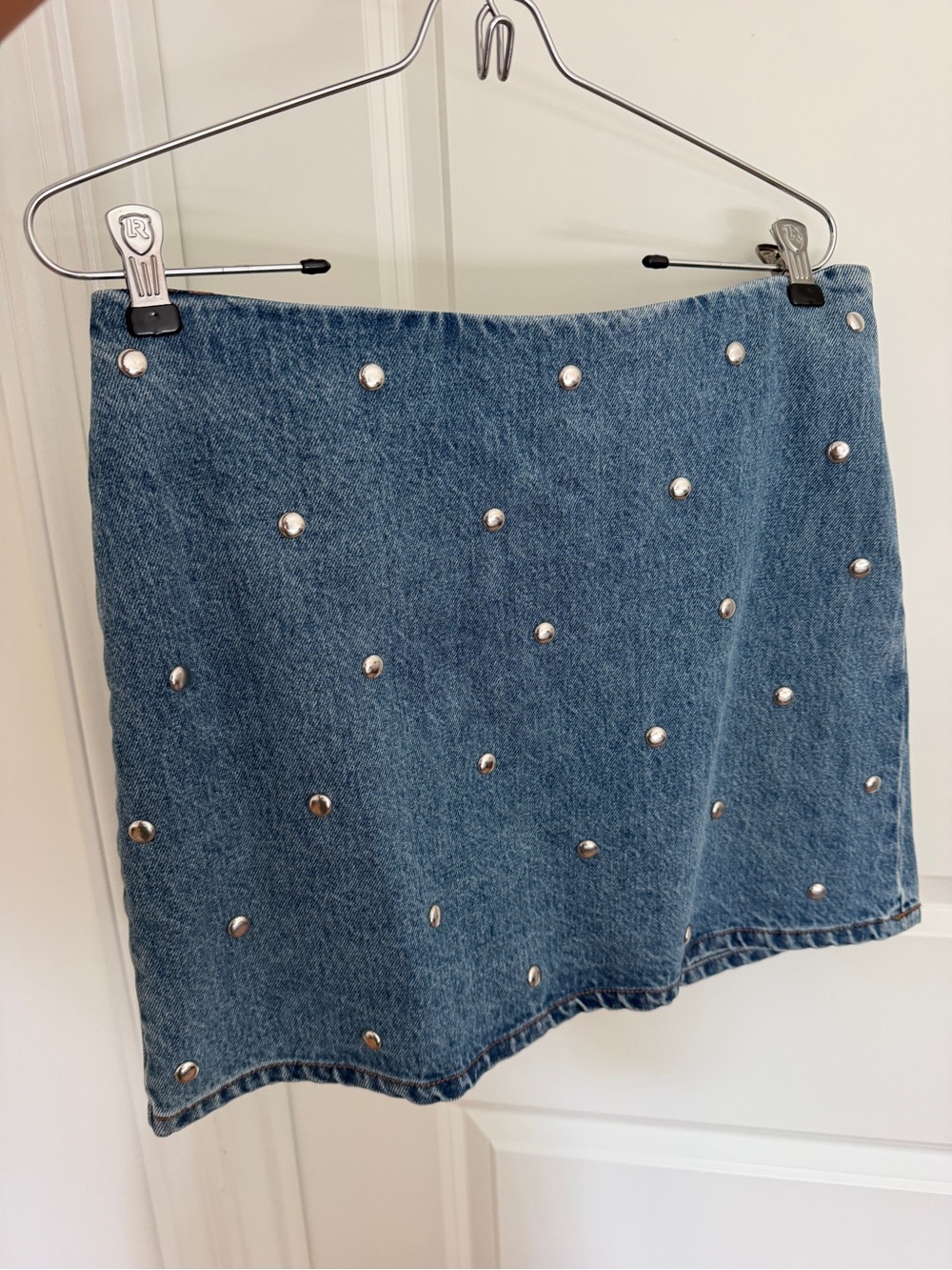 Stud-Embellished Blue Denim Mini Skirt